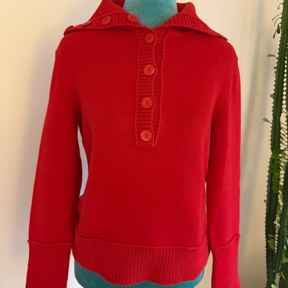 Red Cotton Henley Sweater Button Collar coastal chunky knit bold office siren